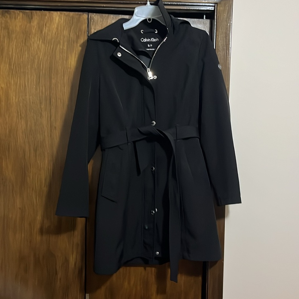 Calvin Klein black dress coat with removable hood and belt.
